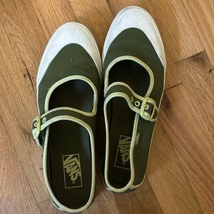 Green and white Vans Mary Jane’s with a lighter colored green for trim